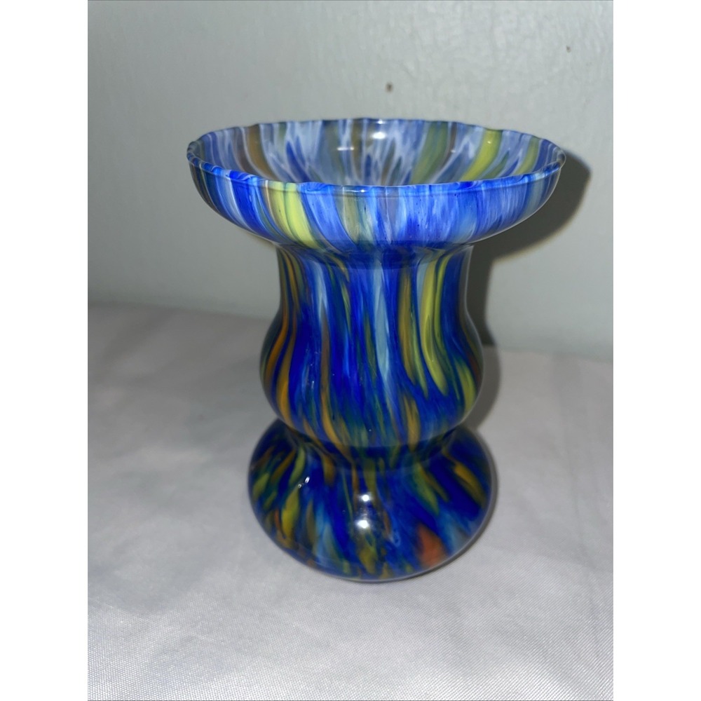Vintage Murano‎ Swirled Splatter Blue Confetti Art Deco Glass Vase 6" Tall Italy